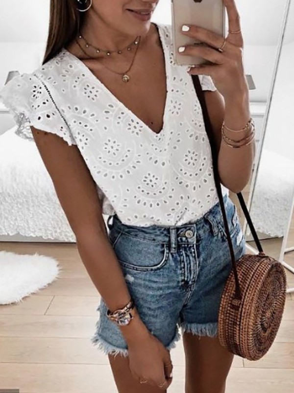 white-cut-out-bodycon-short-sleeve-v-neck-sweet-t-shirt CICHIC